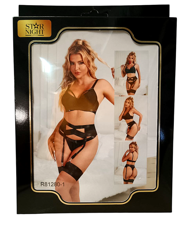 Комплект белья черный Star Night бюстье+стринги+пояс для чулок+гартеры, S вид 10