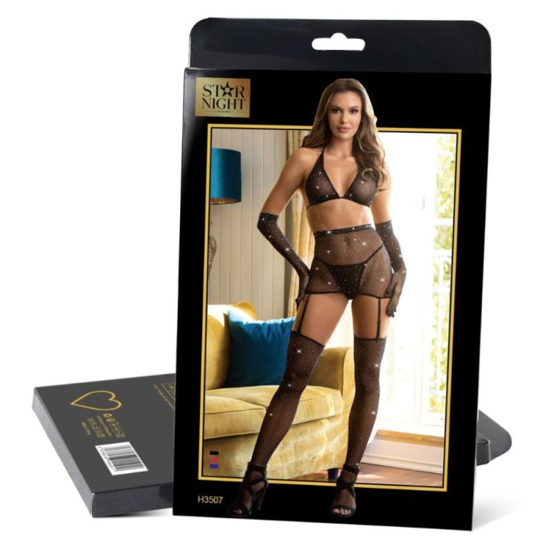 Комплект білизни в сіточку Star Night зі стразами та рукавичками, чорний XS-M вид 6