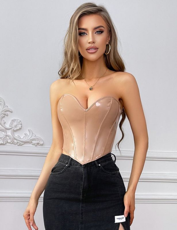 Корсет Star Night з лакованої шкіри, на шнурівці, бежевий, M (без коробки) вид 3