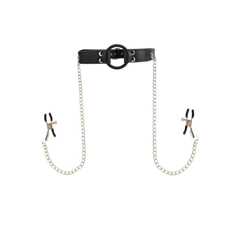 Кляп с кольцом и зажимами для сосков Chisa BEHAVE! Luxury Fetish черный вид 3