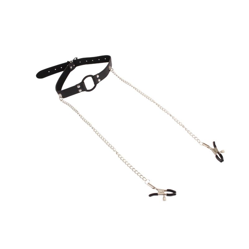 Кляп с кольцом и зажимами для сосков Chisa BEHAVE! Luxury Fetish черный вид 4