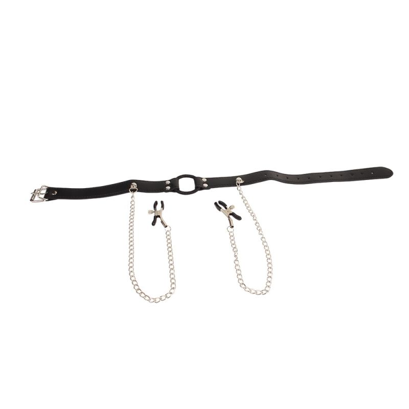 Кляп с кольцом и зажимами для сосков Chisa BEHAVE! Luxury Fetish черный вид 5