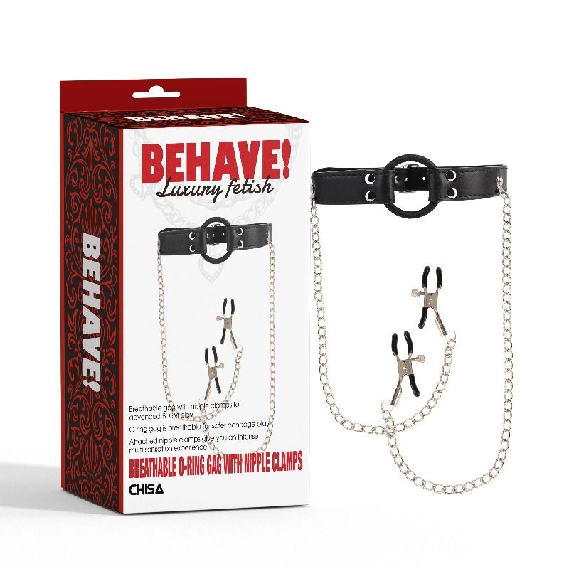 Кляп з кільцем та затискачами для сосків Chisa BEHAVE! Luxury Fetish чорний вид 2