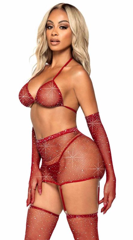 Червоний секс-комплект у сіточку зі стразами Star Night пояс з підв'язками, рукавички та панчохи, M вид 6