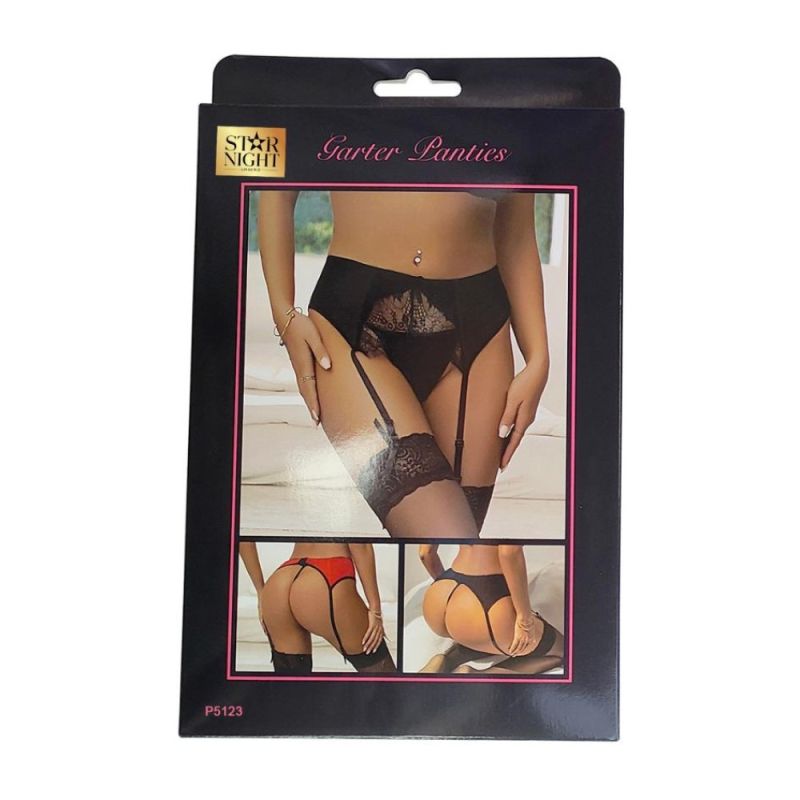 Красный сексуальный кружевной пояс для чулок Star Night в комплекте с трусиками вид 6