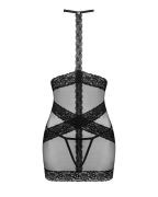 Сорочка Obsessive Lacrisia з відкритим декольте, стрінги в комплекті, чорна, M/L