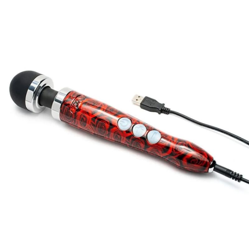 Масажер-мікрофон Doxy Die Cast 3R Wand Vibrator Rose Pattern, червоний, з трояндами вид 3