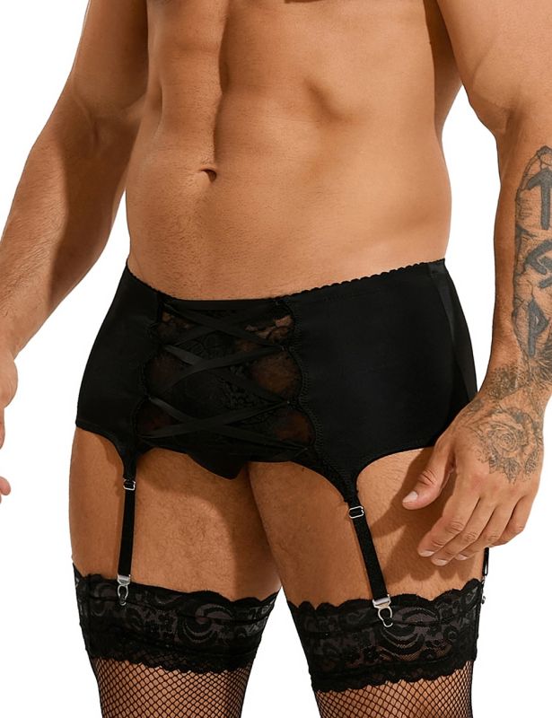 Мужской кружевной пояс с подвязками Star Night черный, S вид 5