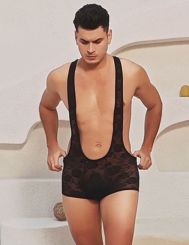 Мужской кружевной комбидрес с подтяжками Star Night черный, S вид 4