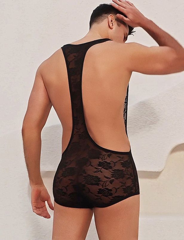 Мужской кружевной комбидрес с подтяжками Star Night черный, S вид 8