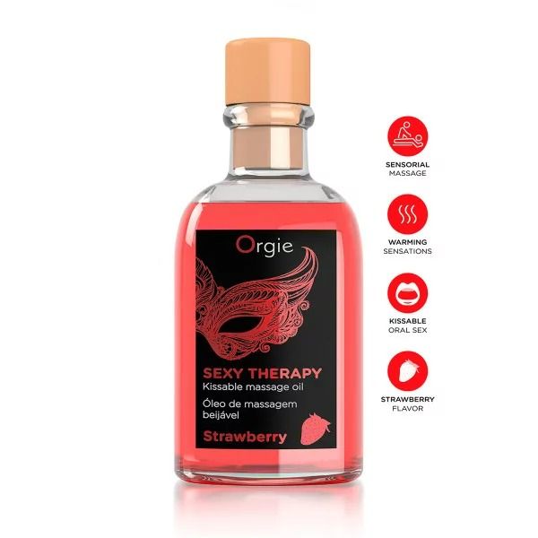 Набор Orgie SEXY THERAPY Strawberry: съедобное массажное масло со вкусом клубники+перо вид 5