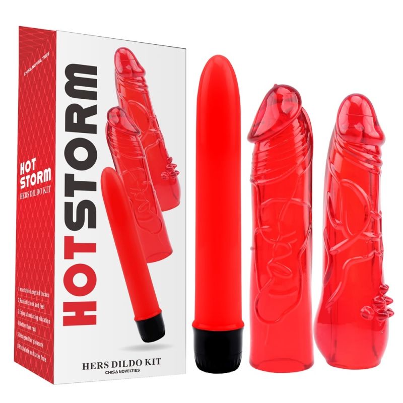 Набор вибратор + 2 насадки Chisa Hotstorm Hers Dildo Kit красный вид 2