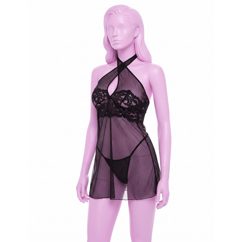 Напівпрозорий пеньюар Rene Rofe Midnight Halter Chemise Set з трусиками в комплекті, чорний, S/M вид 2