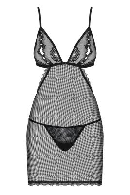 Пеньюар у сіточку Obsessive MILAGRO в комплекті з трусиками-стрінгами, чорний, L/XL