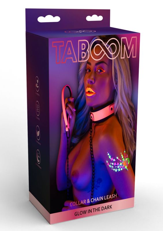 Ошейник с светящимся в темноте поводком Taboom Glow In the Dark Collar and Chain Leash, розовый вид 4