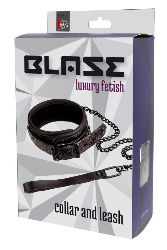Нашийник з повідцем з фіолетовим тисненням Dream toys BLAZE Luxury Fetish на ланцюжку чорного кольору вид 2