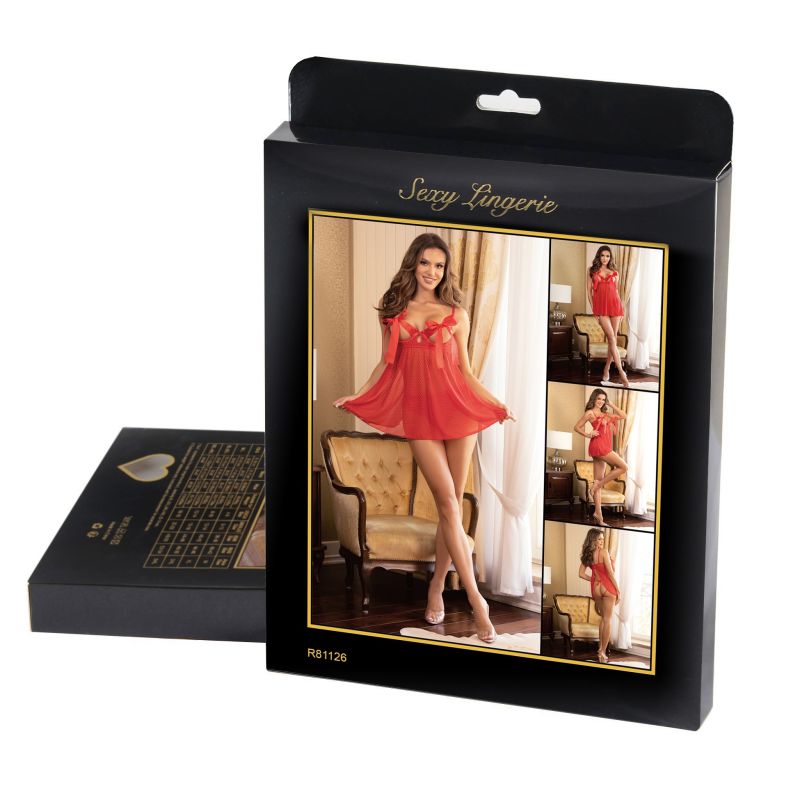 Пеньюар в горошек с бантами на груди Star Night и стринги в комплекте, красный, XS/S вид 10