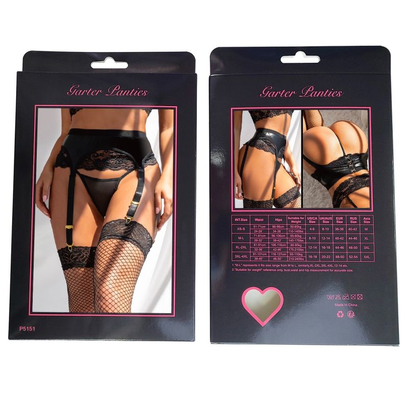 Пояс для панчіх Star Night зі штучної шкіри з мереживом+трусики стрінги, чорний вид 10