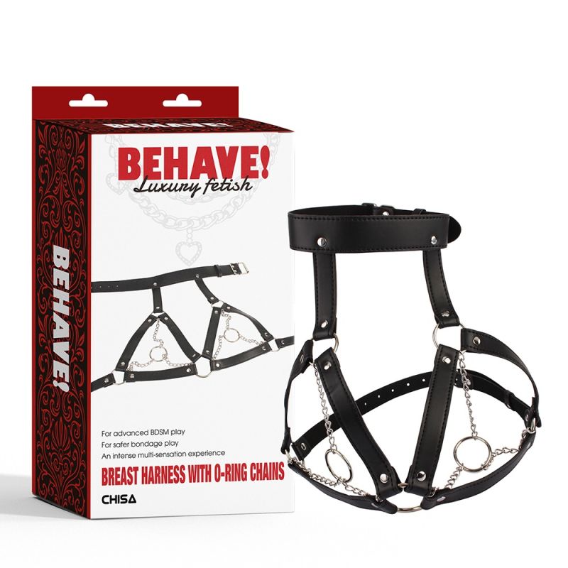 Портупея на груди з ланцюжками та декоративними кільцями на соскі Chisa BEHAVE! Luxury Fetish чорна вид 2