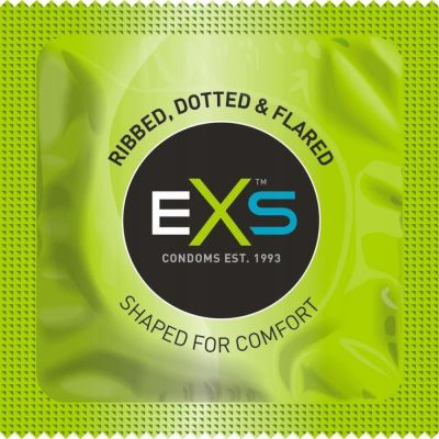 Презервативы EXS Ribbed, Dotted ребристые с пупырышками, зелёные; 53 мм (цена за 5 шт.)