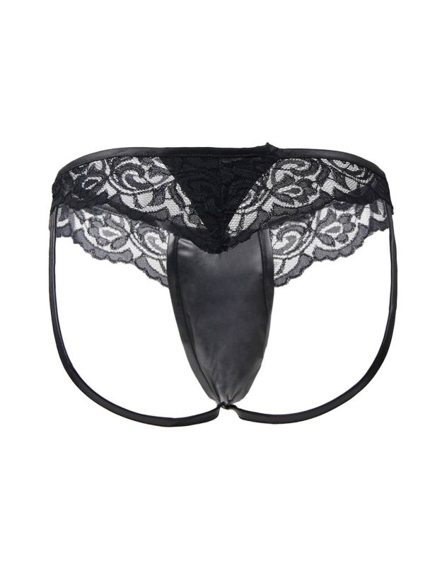 Сексуальні чоловічі труси Star Night з екошкіри з мереживом, чорні, XS вид 6