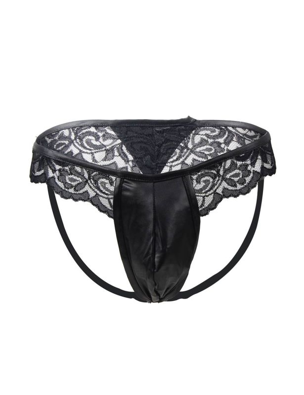Сексуальні чоловічі труси Star Night з екошкіри з мереживом, чорні, XS вид 5