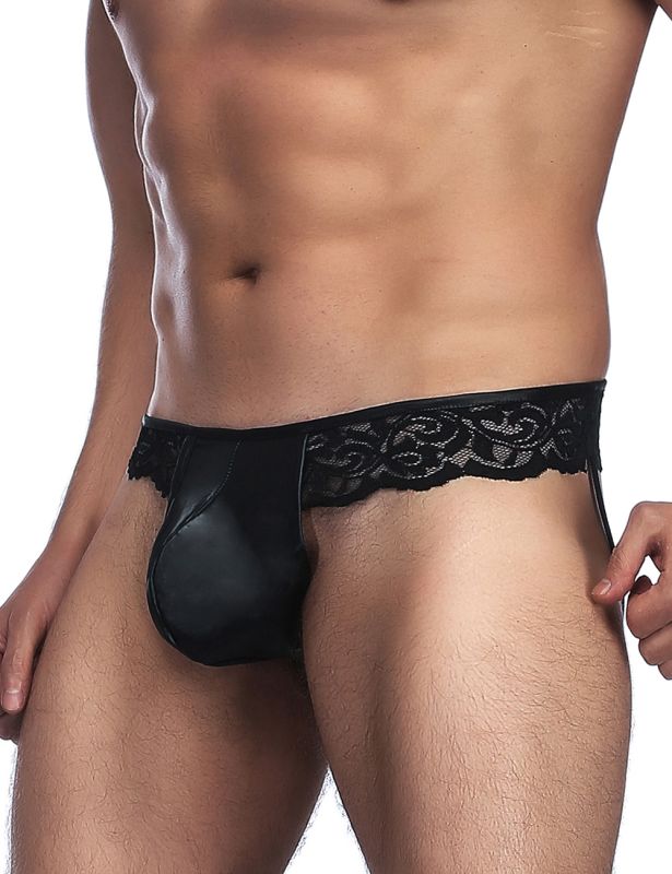Сексуальні чоловічі труси Star Night з екошкіри з мереживом, чорні, XS вид 3