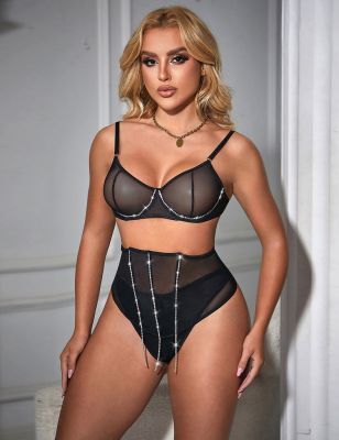 Сексуальный черный комплект белья Star Night с декоративными стразами и цепочками, M