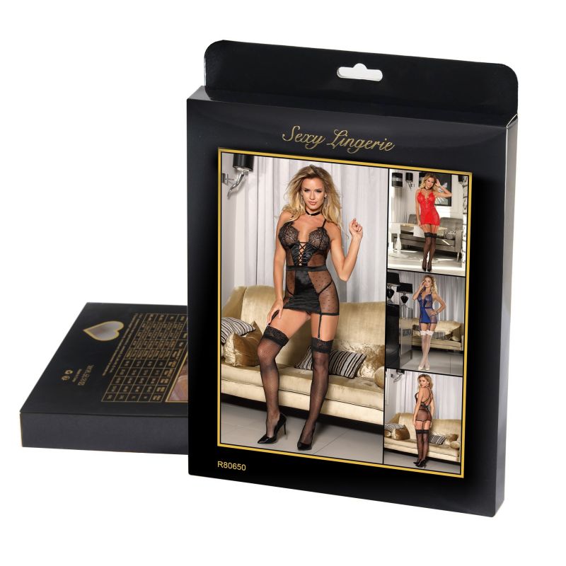 Сексуальний прозорий пеньюар у сіточку з підв'язками Star Night чорний, M вид 7