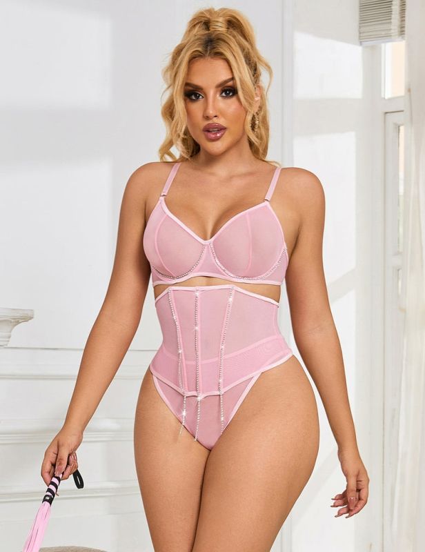 Сексуальний рожевий комплект Star Night з декоративними стразами та ланцюжками, M вид 5