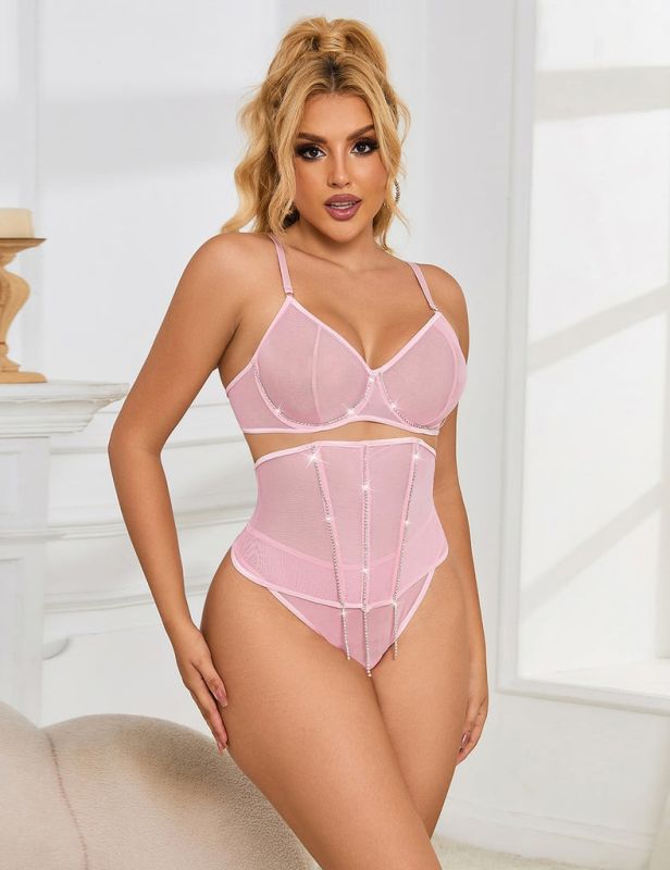 Сексуальний рожевий комплект Star Night з декоративними стразами та ланцюжками, M вид 4