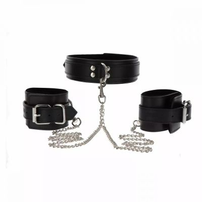 Широкий ошейник с наручниками и цепью Taboom Luxury Bondage Essentials, черный