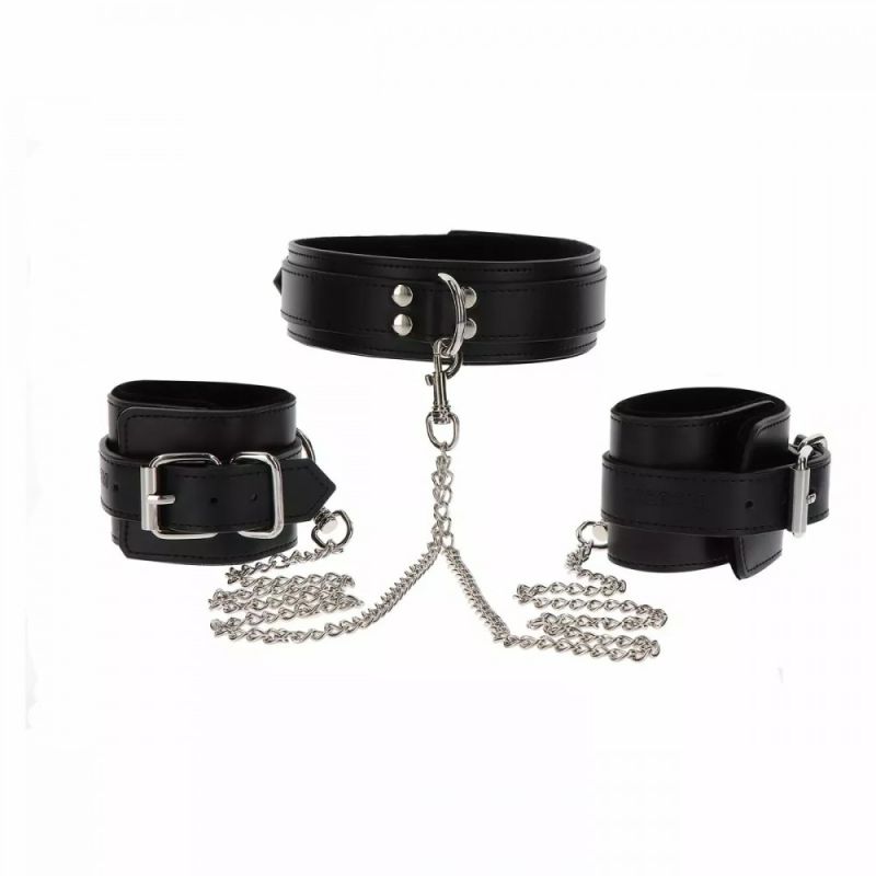 Широкий нашийник з наручниками та ланцюгом Taboom Luxury Bondage Essentials, чорний вид 7