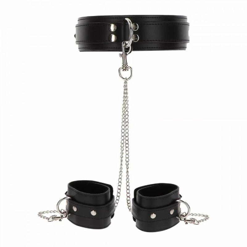 Широкий ошейник с наручниками и цепью Taboom Luxury Bondage Essentials, черный вид 6