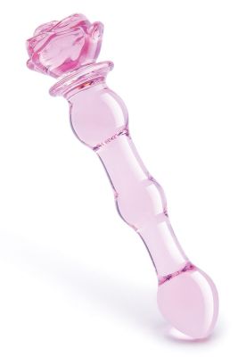 Скляний фалоімітатор Dream Toys Glaze Glass у формі бутона троянди з намистинами, рожевий