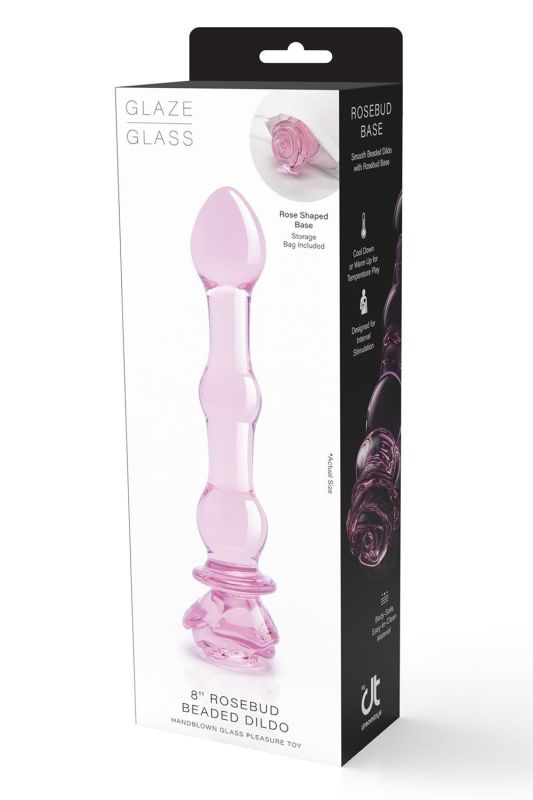 Скляний фалоімітатор Dream Toys Glaze Glass у формі бутона троянди з намистинами, рожевий вид 6