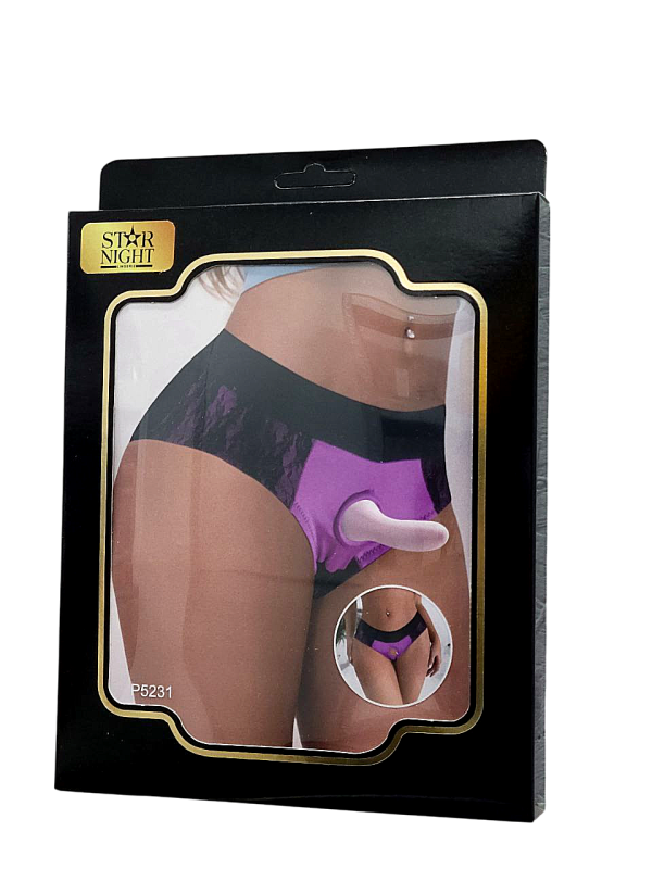 Трусики для страпон ажурні Star Night чорно-фіолетові, S вид 4