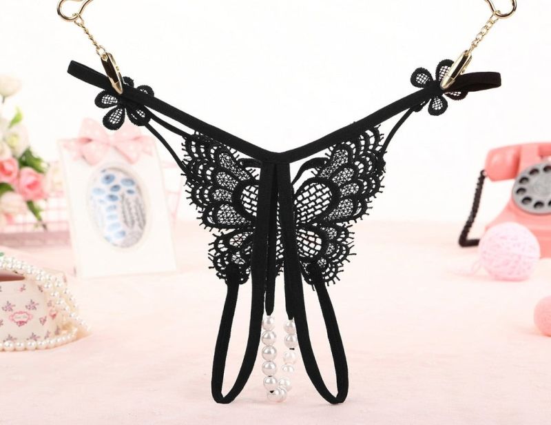 Трусики Star Night з квітковим принтом та ниткою перлин у відкритому доступі, чорний (без коробки) вид 4