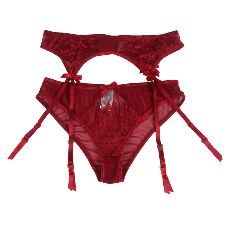 Сексуальные кружевные трусики Star Night с поясом и подвязками для чулок, красный вид 5