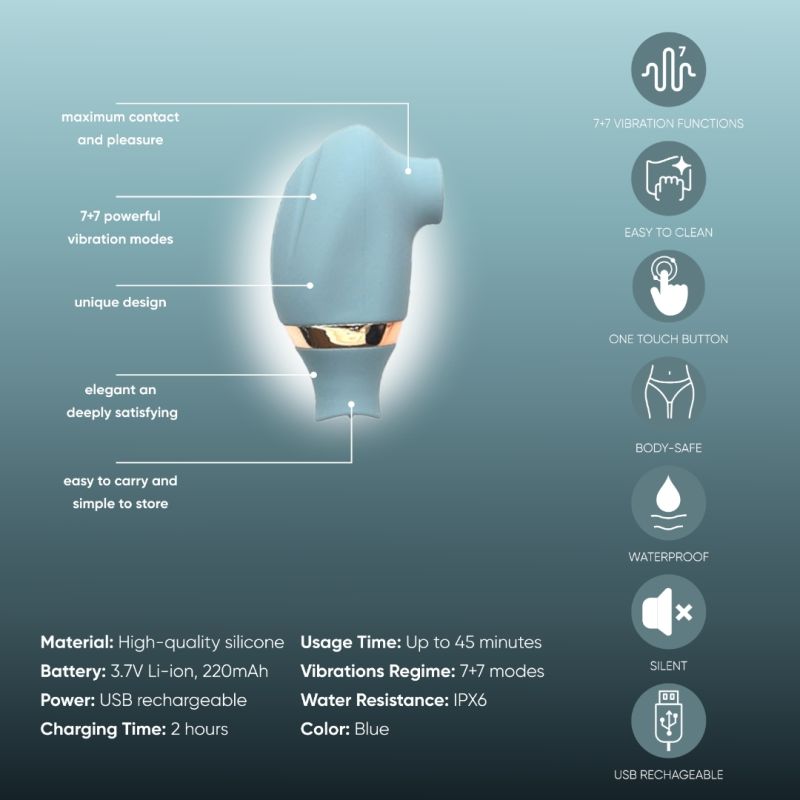 Вакуумний стимулятор для клітора Sweet Em з функцією лизання (рухливий язичок), блакитний вид 9