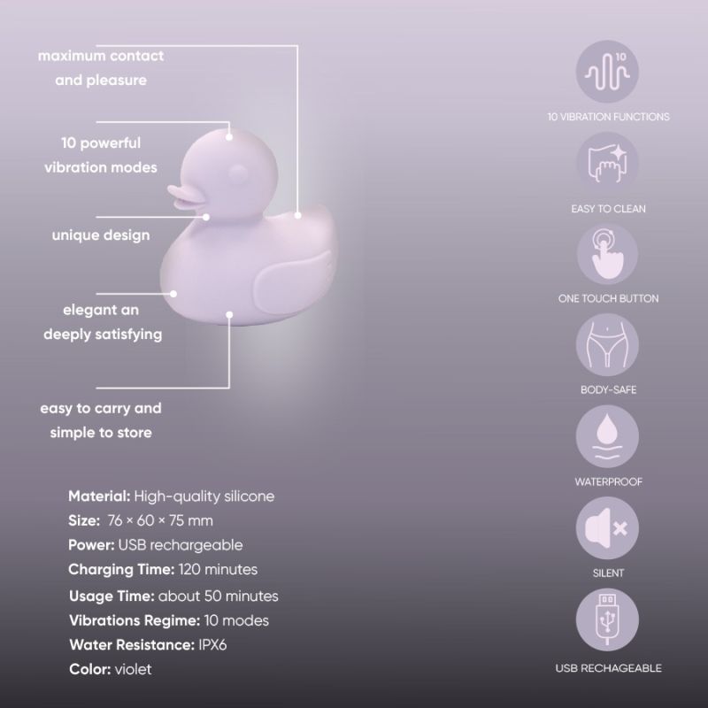 Вібратор для клітора у вигляді качки Sweet Em , силіконовий, лавандовий вид 9