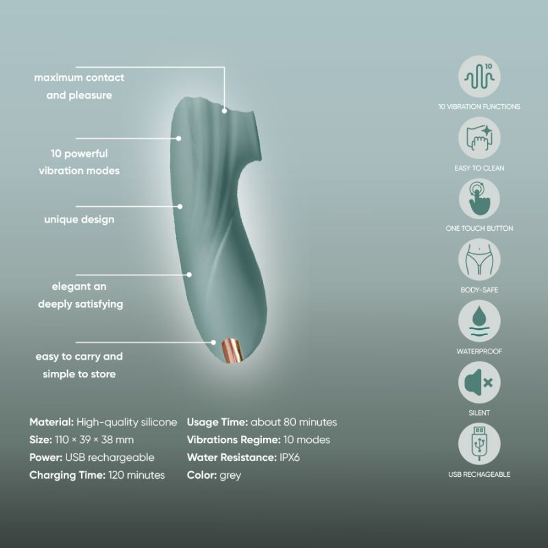 Кліторальний вібратор Sweet Em з вакуумом, сіро-блакитний, 11 см вид 8