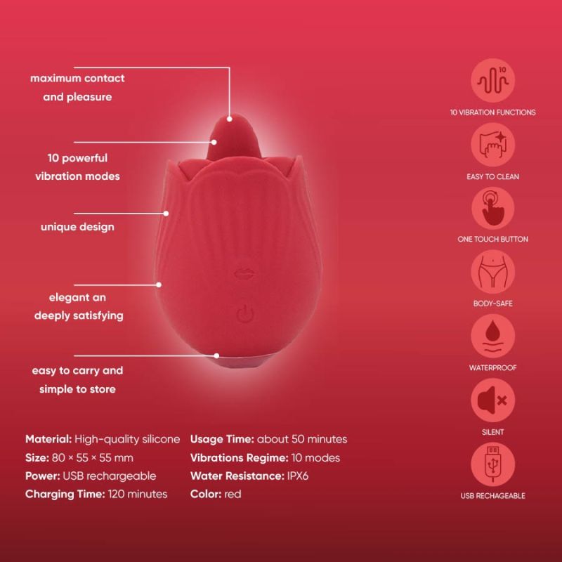 Вибратор розочка с язычком Sweet Em, 10 режимов, красный вид 13