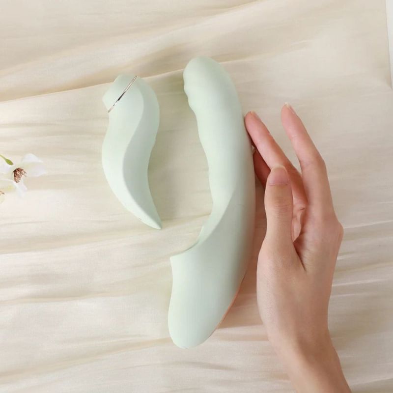 Вибратор со съемным вакуумным стимулятором BeYourLover Fatima с подогревом, мятный вид 5