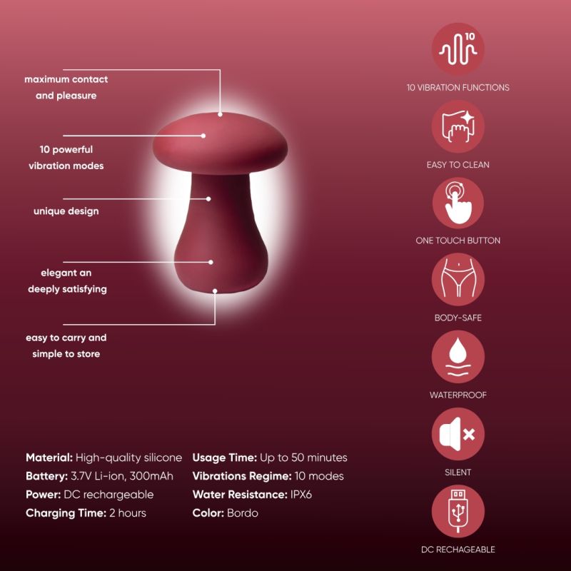 Вібратор у формі гриба Sweet Em, бордовий вид 6