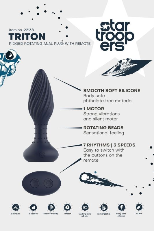 Вібруюча анальна пробка Dream Toys Startroopers Triton з пультом керування, чорна вид 9