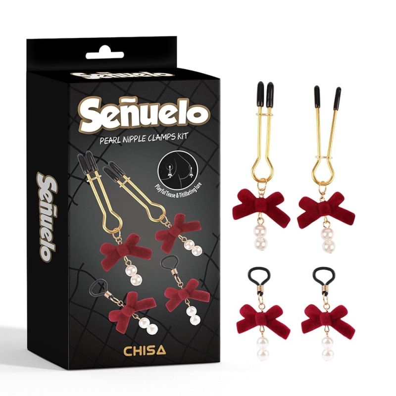 Зажимы на соски CHISA Senuelo Pearl Nipple Clamps Kit с красными бантиками и бусинами вид 2