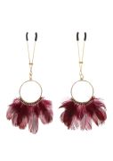Затискачі на соски золотисті Taboom Nipple Play Tweezers With Feathers з червоним пір'ям