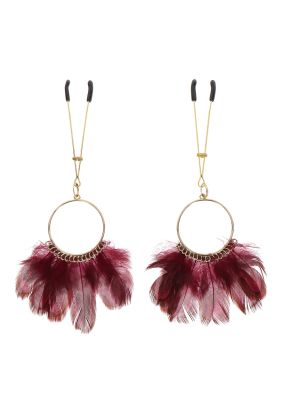 Затискачі на соски золотисті Taboom Nipple Play Tweezers With Feathers з червоним пір'ям