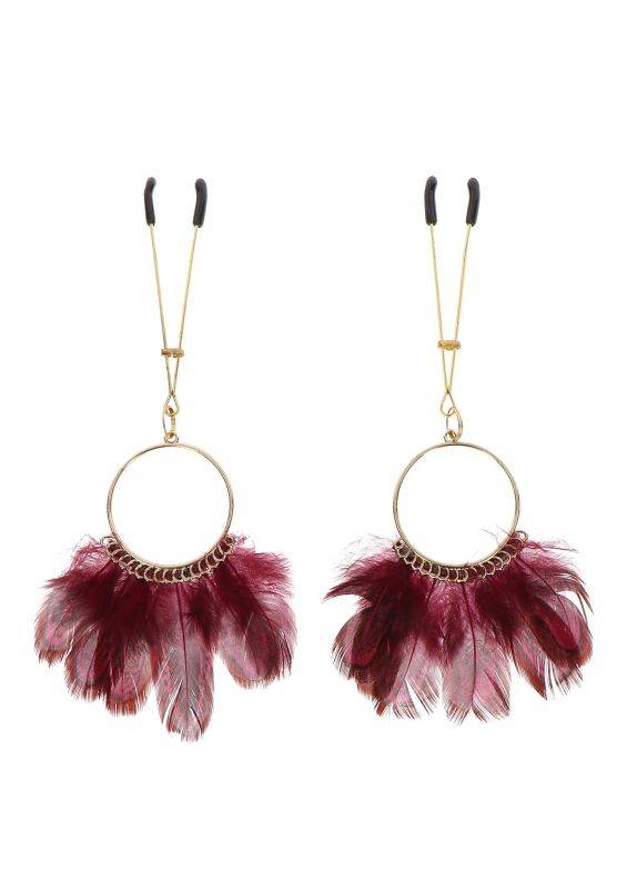 Зажимы на соски золотистые Taboom Nipple Play Tweezers With Feathers с красными перьями вид 6